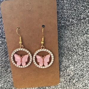 Circular Rhinestone Pearlescent Light Pink Butterfly Earrings